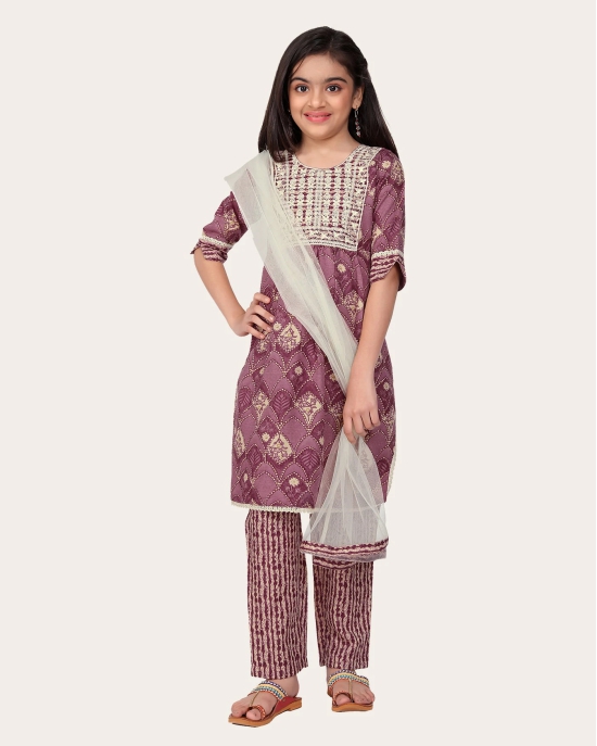 Kid Girls Embroidered Cotton Printed Full stitched Nayara Cut Kurtis with Bottom Dupatta set-Purple / 8 - 9 Years