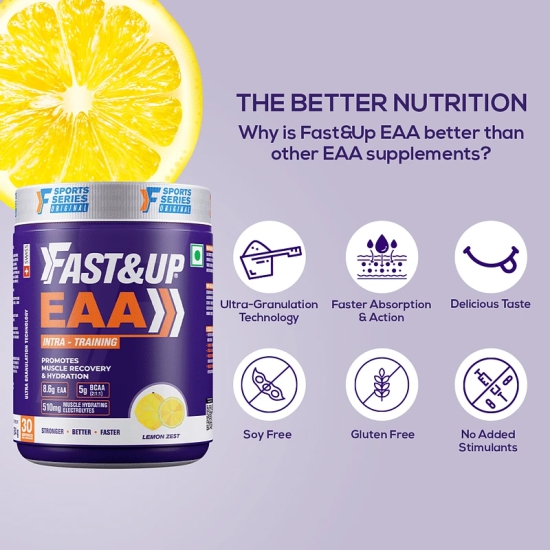 Fast Up EAA Intra-Training Workout Powder with BCAA, Electrolytes for Muscle Recovery, Hydration, Performance. 30 servings Lemon Zest.-Fast & Up EAA Intra-Training drink with BCAA+Electrolyte Ble