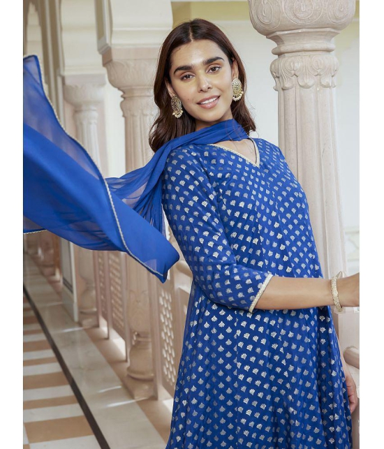 Janasya Brocade Printed Kurti With Palazzo Women''s Stitched Salwar Suit - Blue ( Pack of 1 ) - None