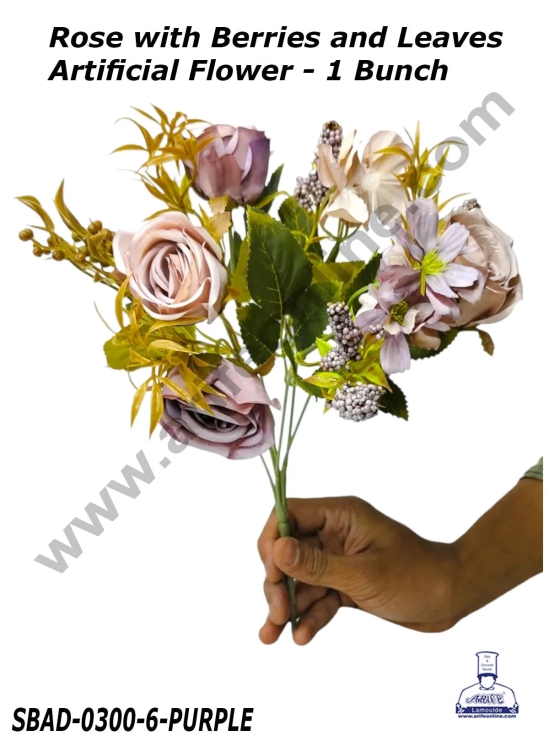 CAKE DECOR™ Rose With Berries and Leaves Artificial Flower For Cake Decoration – (1 Bunch)-PURPLE