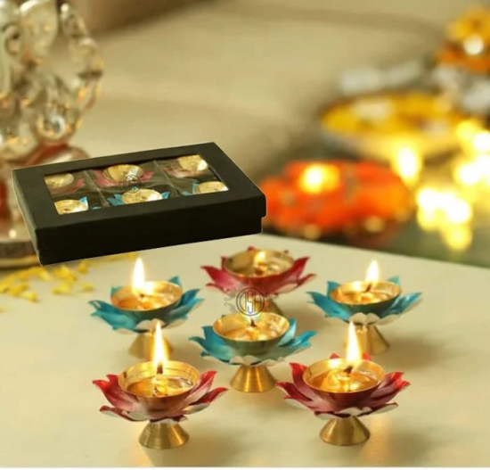 Brass Diyas for Pooja Room Lotus Shape Set of 6 with Gift Box Akhand Jyot Diya Deepak Set for Diwali Festival Gift Item