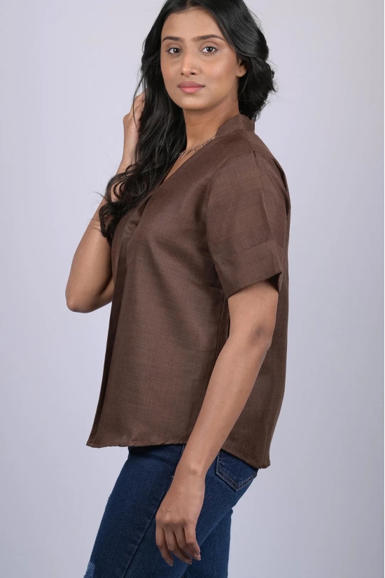 Halfsleeve top party wear western wear trending top Dark Brown Colour V-Neck Top With Collar (OTL-TPS1046)-Brown / XL