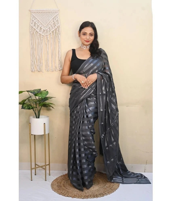 ANAND SAREES Satin Striped Saree With Blouse Piece - Grey ( Pack of 1 ) - Grey