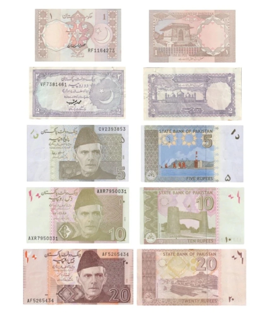 (SET OF 5) 1,2,5,10 AND 20 RUPEES STATE BANK OF PAKITAN RARE PACK OF 5