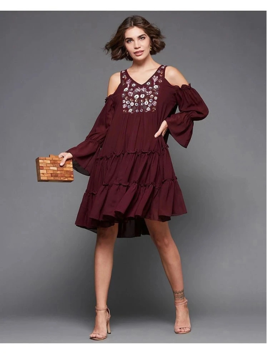 Miss Chase Polyester Embellished Above Knee Womens Fit & Flare Dress - Wine ( Pack of 1 ) - None