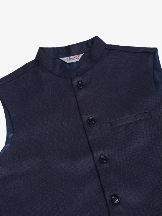 Men Navy Blue Solid Woven Sleeveless Nehru Jackets-S / Navy-Blue