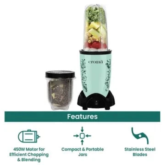 Croma Personal 400 Watt 5 Jars Blender (21500 RPM, Overload Protection, Teal Green)