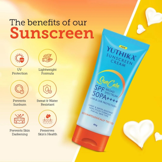 Yuthika Sunscreen SPF 50 PA++++ with UVA & UVB Protection 80g, Dermatologically Tested Sunscreen Cream for Women and Men