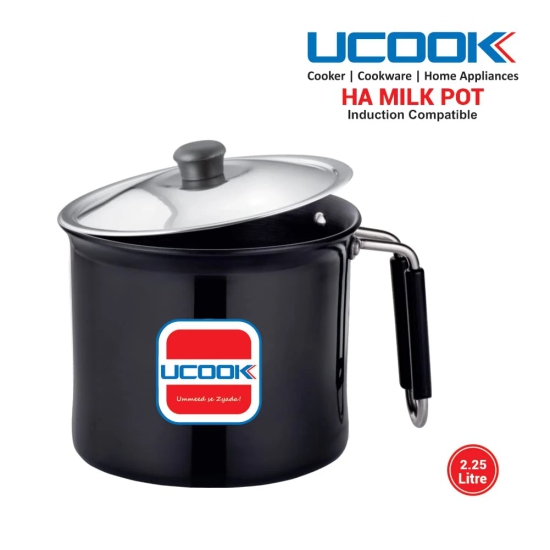 UCOOK by United Ekta Engg. Hard Anodised Induction Base Milk Pot, Milk Pan, Milk Boiler with Steel Lid, 2.25 Litre, Black