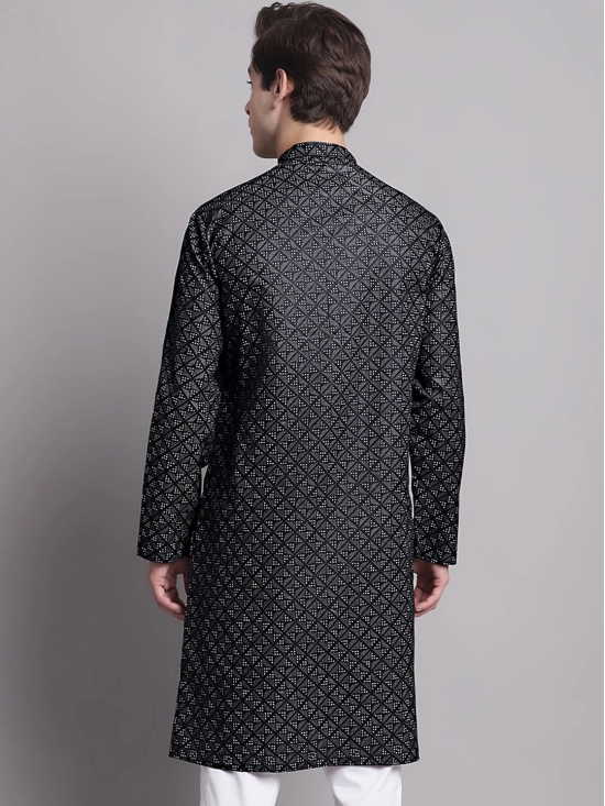 Mens Black Printed Pure Cotton Kurta-XL / Black