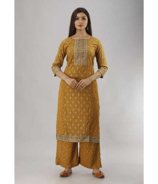 MAUKA - Gold Straight Rayon Women''s Stitched Salwar Suit ( Pack of 1 ) - None