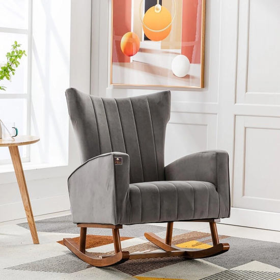 Wooden Velvet Accent Rocking Chair (Grey)-Grey