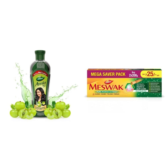 Dabur Amla Hair Oil - For Strong, Long And Thick Hair - 450Ml & Dabur Meswak Toothpaste - 200G (Pack Of 2)