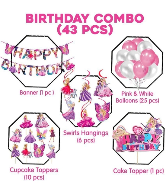 Zyozi ® Barby Princess Theme Birthday Decorations Set - Girls Theme Birthday Party Decorations Banner, Balloons, Cake & CupCake Topper with Swirls (Pack Of 43) - Pink & White