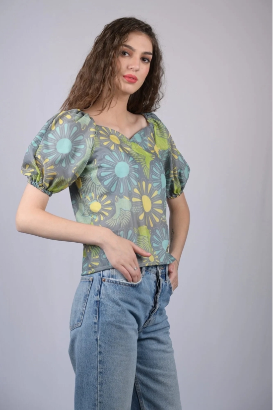 Women's Olive Green Floral Print V-Neck Top (OTL-TPS1036)-Green / L