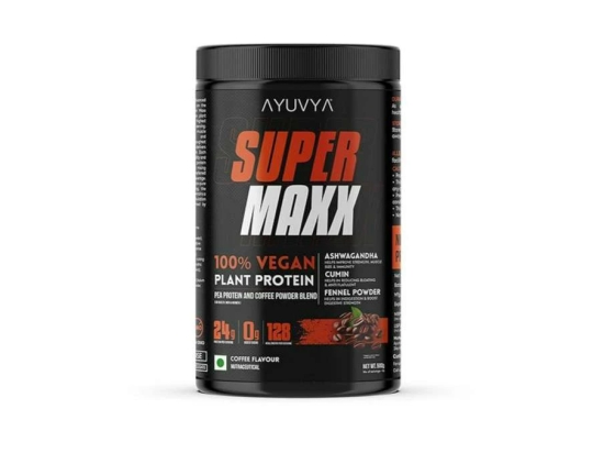 Ayuvya Super Maxx Ayurvedic Plant Protein || Elevate Your Fitness Journey | 100% Ayurvedic Ingredients for Muscle Growth, Recovery, and Overall Well-Being | Coffee Flavoured l 24gms Protein per Serving, 500gm