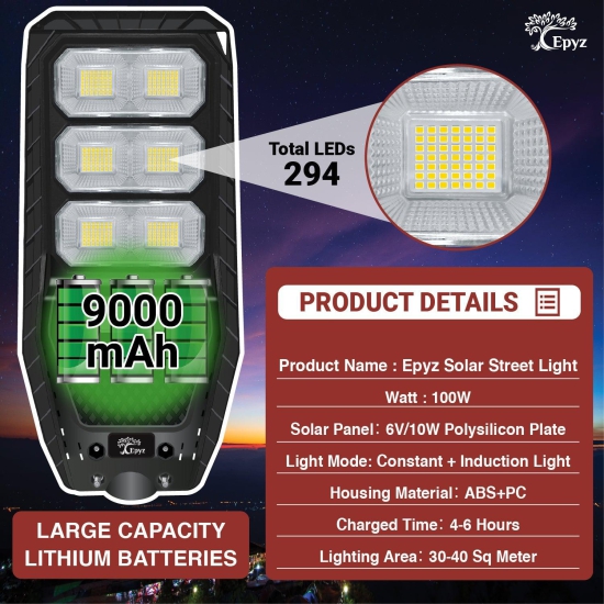 100 Watt Solar Street Light for Garden (White Light)-With Pole