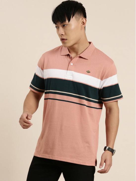 JOVEN Men Light Orange Striped Polo Collar T-Shirt-S / Light Orange