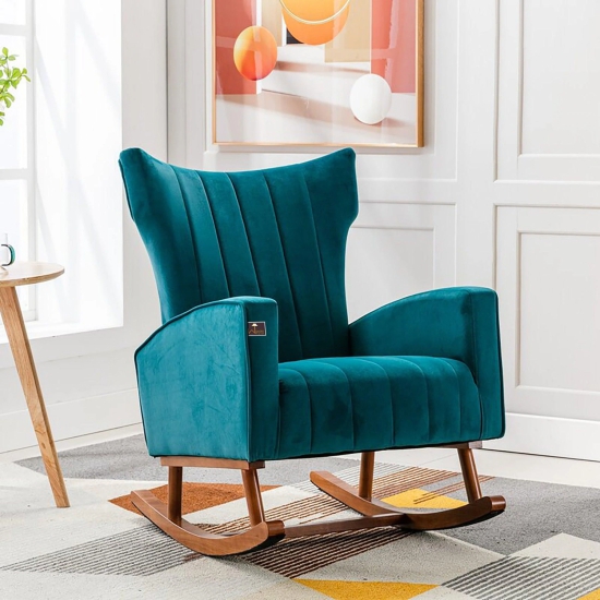 Wooden Velvet Accent Rocking Chair (Teal)-Teal