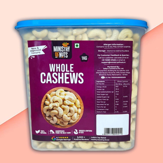 Ministry Of Nuts Whole Natural Cashew Nuts W320, 1kg | 100% Natural Premium Kaju | Nutritious, Delicious & Crunchy Kaju | Rich in Magnesium, Copper & Phosphorus | Cashew 1kg (Cashew 1kg)