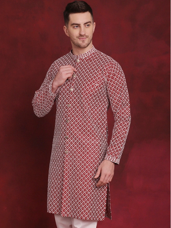 Men Sequin Chikankari Front Open Kurtas-L / Maroon