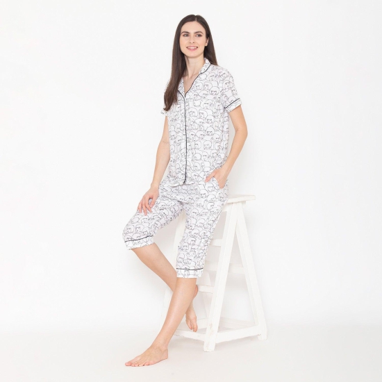 Women's Printed Night Suit Set of Shirt & Capri - White White XL