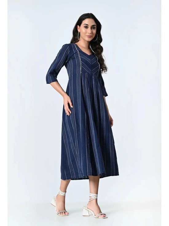 AMBI Cotton Blend Striped Midi Womens Fit & Flare Dress - Blue ( Pack of 1 ) - None