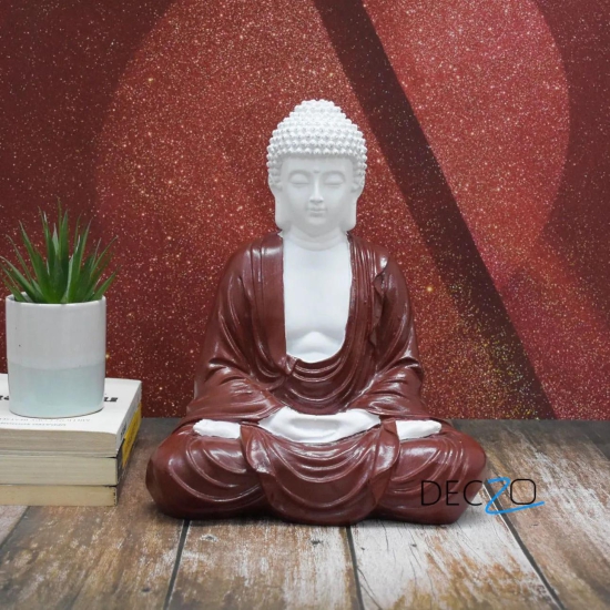 Hand Carved Sitting Buddha: White-Brown