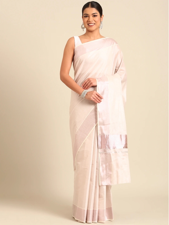 Kalyan Silks Pinkish Silver Kasavu Lines Set Saree With Temple Border