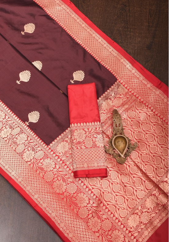 Banarasi Katan Silk Saree in Brown & Red with Damask Motifs | SILK MARK CERTIFIED