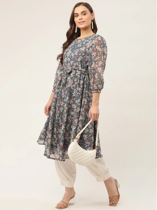 Women Grey & White Georgette Floral Printed Kurta-S / Grey