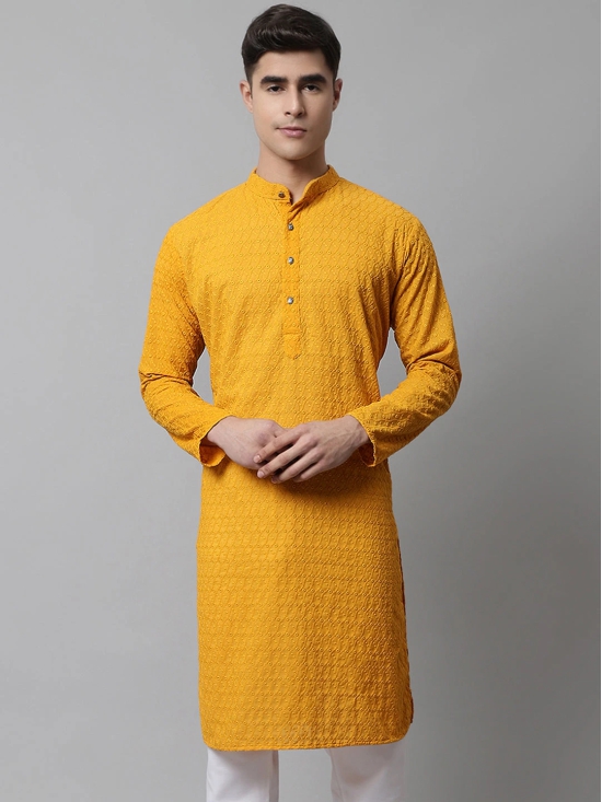 Jompers Men Mustard Chikan Kurta Only-S / Mustard