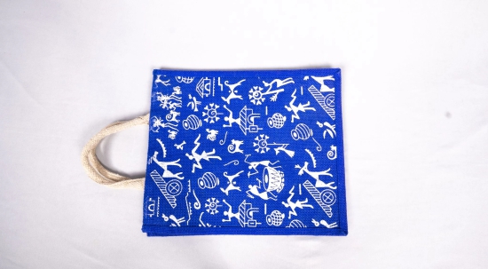 Blue Jute Bag with White Tribal Print