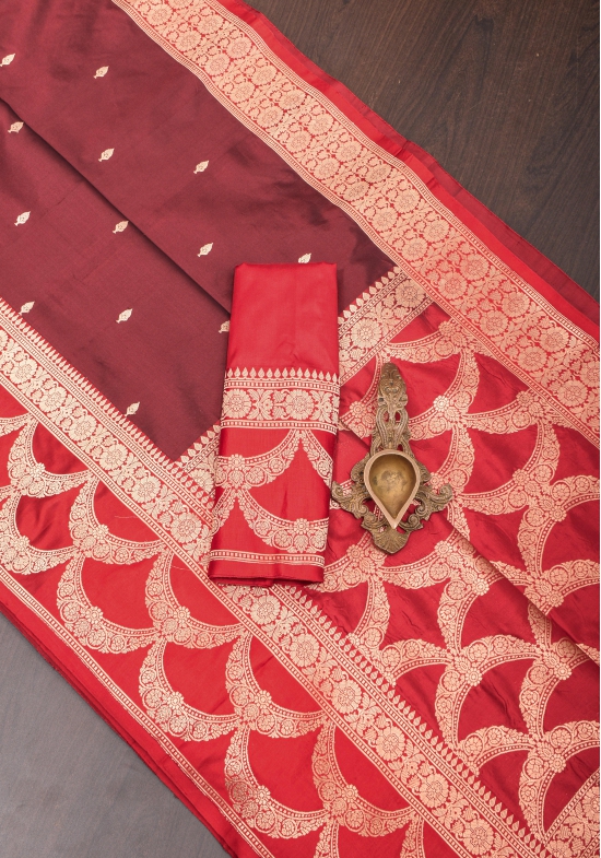 Banarasi Katan Silk Saree in Brown and Red with Zari Buttas & Scalloped border | SILK MARK CERTIFIED