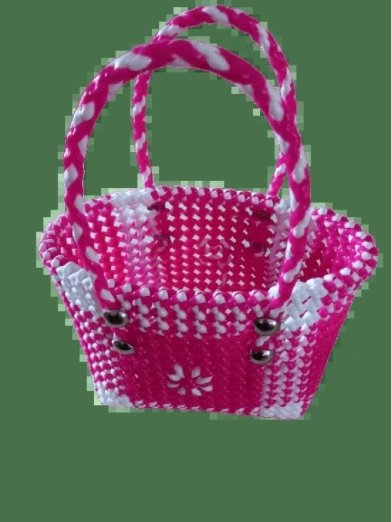  Small Handwoven Plastic Basket with Button Accents