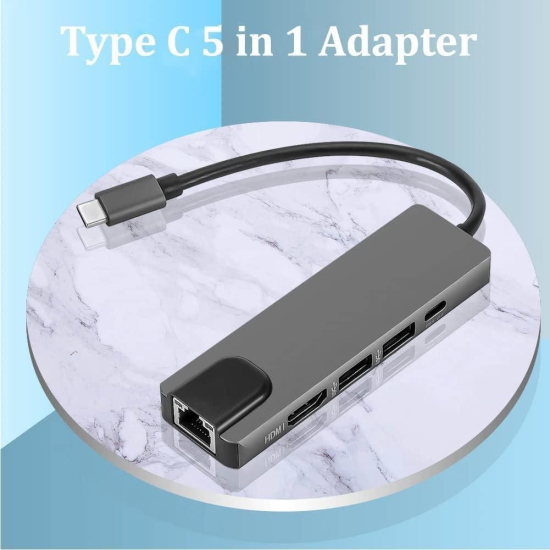 Hi-Lite Essentials 5 in 1 Type C Adapter, USB C to HDMI, Ethernet (RJ45), USB 3.0 Multiport Adapter, Type C 4k HDMI Port, Type C LAN Port, 5 in 1 Type C Network Adapter