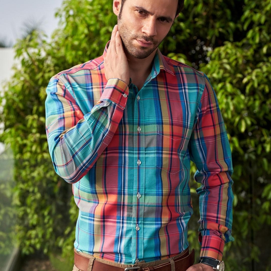 Men  Multi Coloured Checked Slim Fit Formal Shirt.-L