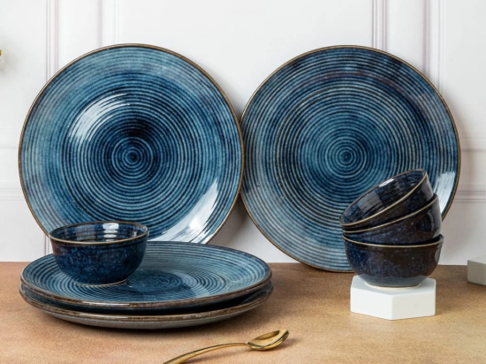 Handcrafted Stoneware Reactive Glaze Ceramic Dinner Set, 8 Pieces Serving for 4, Microwave and Dishwasher Safe, Bone-ash Free, Crockery Set for Dining and Gifting, Reactive Blue