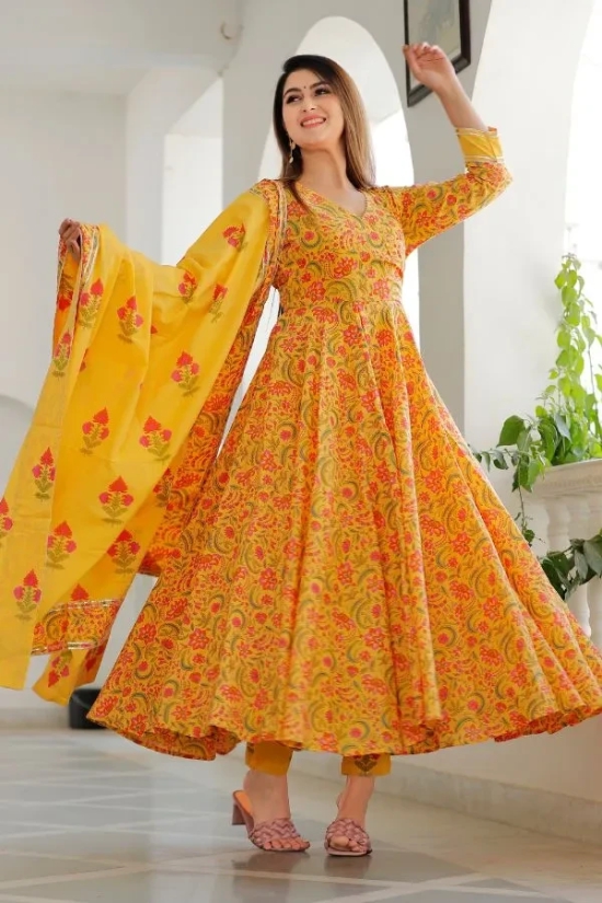 Yellow Floral Printed Anarkali Set 3XL