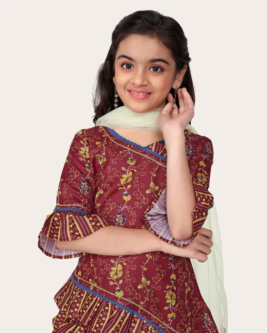 Floral Cotton Printed Peplum Stylish Top and Dhoti Dupatta Set for Girls-Maroon / 9 - 10 Years