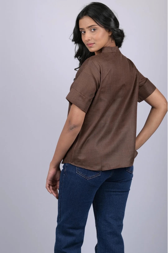 Halfsleeve top party wear western wear trending top Dark Brown Colour V-Neck Top With Collar (OTL-TPS1046)-Brown / XXL