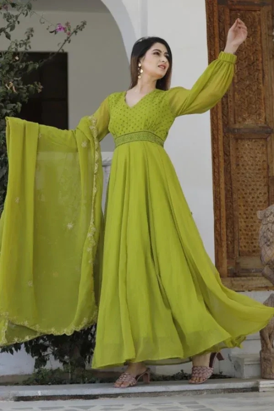 Green Hand Block Printed Anarkali Set M