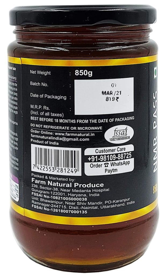 Farm Naturelle-Raw, 100% Natural (NMR Tested, Pass, Certified) Wild Berry (Sidr) Flower Honey(850Gram) Glass Bottle.