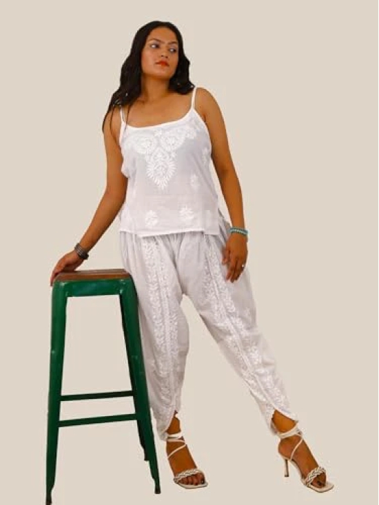 Pravia Gen Z Stylish Chikankari Short Strip Noodle Top with Hand Embroidered Stretchable Dhoti Set for Girls, White