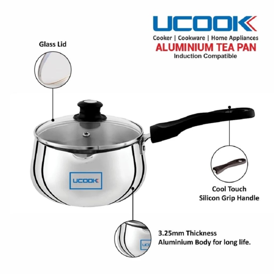 UCOOK by United Ekta Engg. 1.5 Litre Tea Pan, Sauce Pan and Milk Pan with Glass Lid Induction Base Aluminium, Silver