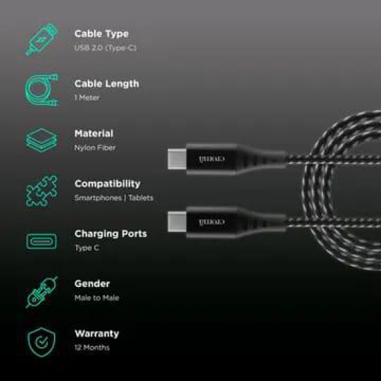 Croma Type C to Type C 3.3 Feet (1M) Cable (Nylon Braided, Grey)