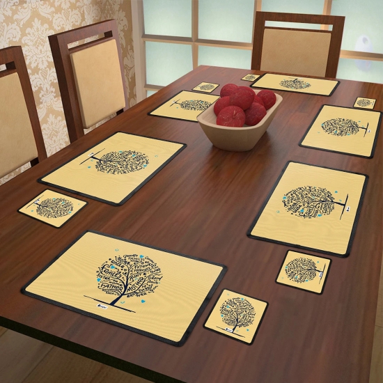 Indigifts Diwali Decoration Items Family Love Tree Cream Table Mat and Coaster Set of 6 - Diwali Gift Items, Dipawali Gift Items, Dipawli Gifts, Deepawali Greetings, Deepavali Decoration