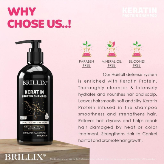 BRILLIX KERATIN PROTEIN SHAMPOO	- For Smooth Hair Therapy, Dry & Damaged Hair Repair, Suitable for Natural and Color Treated Hair  -300 ml