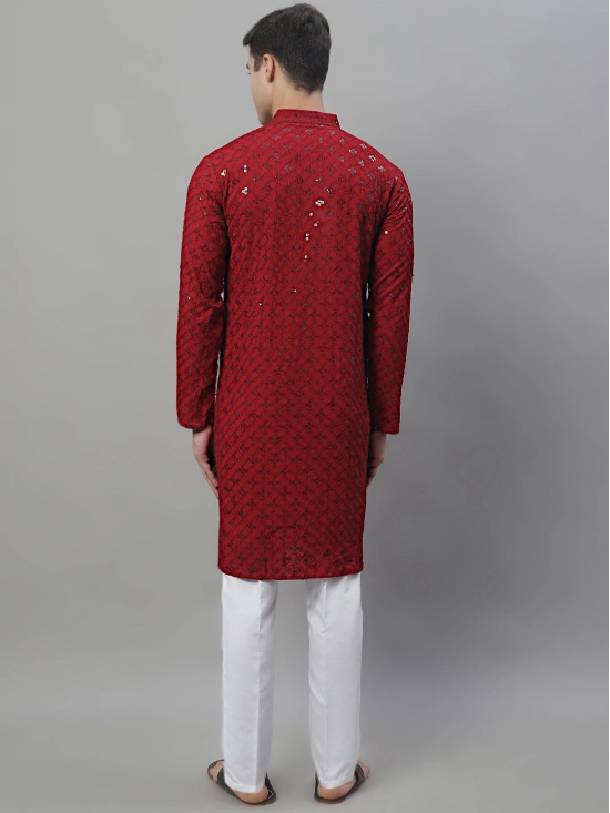 Mens Maroon Chikankari Embroidered and Sequence Kurta with Pyjama.-L / Maroon