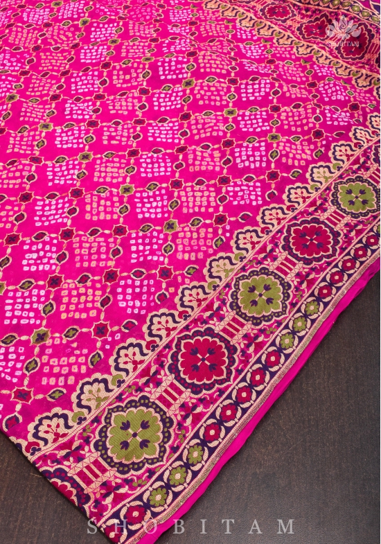 Exclusive Design Multi - Meenakari Jaal Pure Georgette Banarasi Saree with Authentic Hand Bandhej in Pink | SILK MARK CERTIFIED